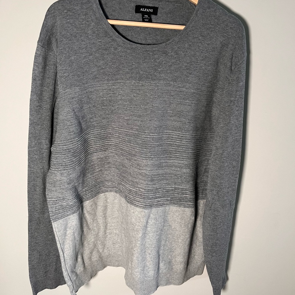 Alfani Men's‎ Soft Knit Crewneck Sweater Gray and White Striped, 100% Cotton XXL